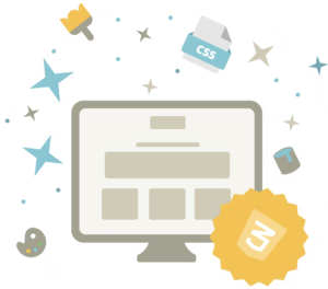 Grafik eines Computerbildschirms mit Design-Elementen, die kreatives Webdesign mit ePages symbolisieren.